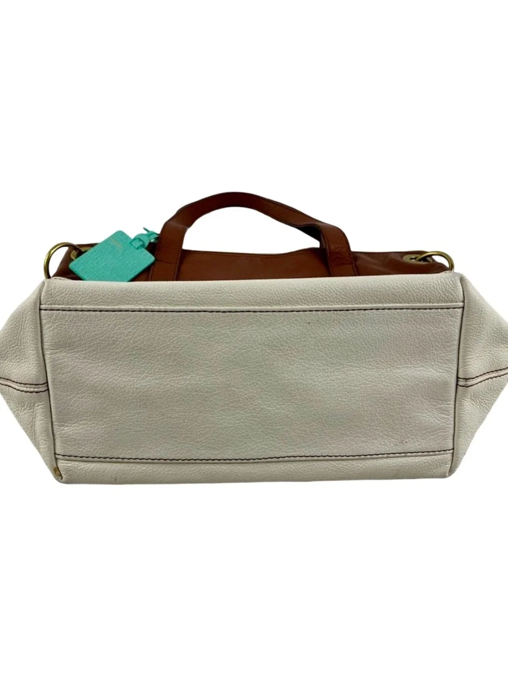 Fossil Colorblock Leather Tote Bag Ivory Cream Brown Pebbled Leather Zip Top